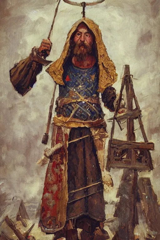 Prompt: slavic dog head man, woolen torso in medieval clothes, laying a wooden roof orthodox saint christopher, oil painting, painting by viktor vasnetsov, concept art, beautiful, high resolution, trending on artstation,