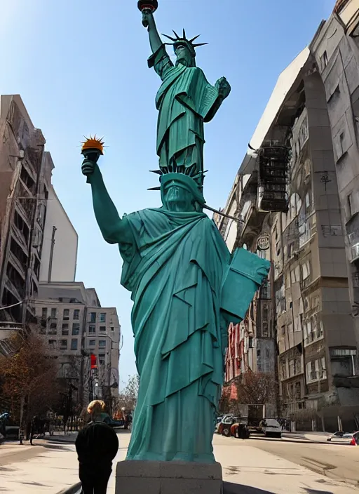 Image similar to giant monster with the face of the statue of liberty walking between buildings