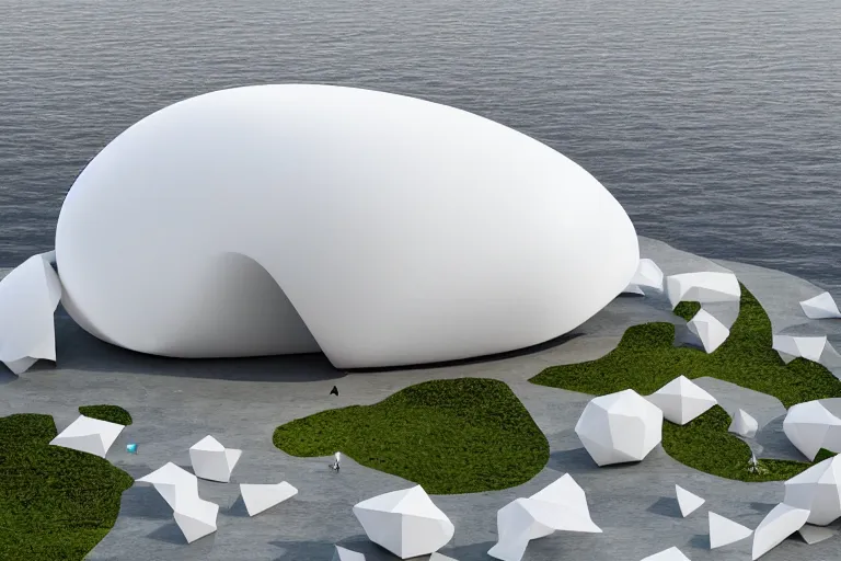 Image similar to the bjarke ingels group < skum > white building formed by the intersection of many white egg shaped spherical spaces, on the calm lake, people's perspective, future, interior wood, marble, award winning, highly detailed 4 k art, dusk, unreal engine highly rendered, global illumination, radial light, interior environment