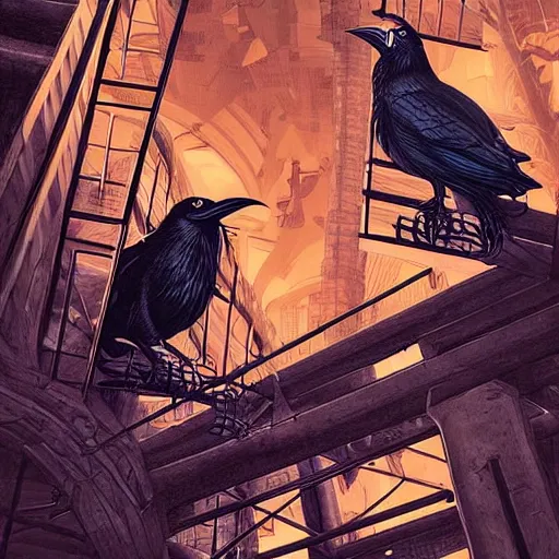 Prompt: crows at a architectural complex with an occult witch by Android Jones and M. C. Escher collaboration, futurist, digital art, dramatic lighting, symbolic