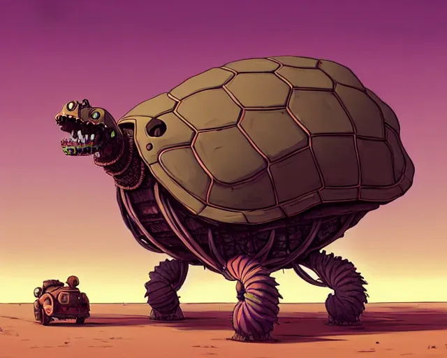 Image similar to a cell shaded cartoon giant lovecraftian mechanized turtle from howl's moving castle ( 2 0 0 4 ), with a big head, on a desert road, full body, wide shot, pink light, golden hour, post grunge, concept art by josan gonzales, wlop, by james jean, victor ngai, hq, deviantart, art by artgem