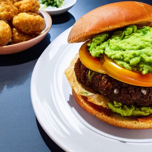 Image similar to vegan hamburger with guacamole and crispy fried onion and fried egg toppings, crispy buns, 8 k resolution, studio lighting, sharp focus, hyper - detailed