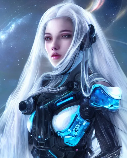 Prompt: photo of a android girl on a mothership, warframe armor, beautiful face, scifi, nebula, futuristic background, galaxy, raytracing, masterpiece, ethereal, beauty, long white hair, blue cyborg eyes, cosmic wind, flow state, 8 k high definition, insanely detailed, intricate, innocent, art by akihiko yoshida, antilous chao, woo kim