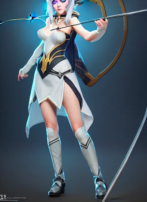 Prompt: ashe, from league of legends, shooting arrows with a silver bow, wearing nurse costume, white skirt, hyper detailed, digital art, trending in artstation, cinematic lighting, studio quality, smooth render, unreal engine 5 rendered, octane rendered, art style by klimt and nixeu and ian sprigger and wlop and krenz cushart
