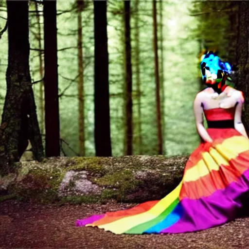 Prompt: photo of emma watson wearing a rainbow wedding gown sitting in a forest