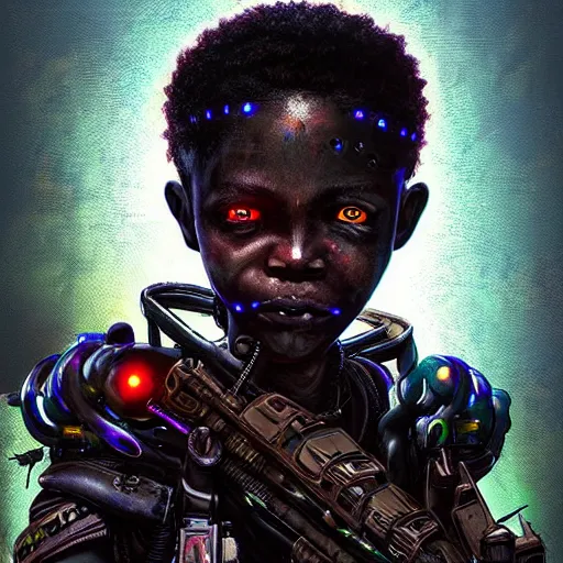 Image similar to a dark and ominous cyborg african child soldier with glowing eyes and a mechanical lower jaw with sharp teeth, neon graffiti, Apex Legends character digital illustration portrait design, by android jones and greg rutkowski in a cyberpunk voodoo style, retrowave color scheme, detailed, cinematic lighting, wide angle action dynamic portrait