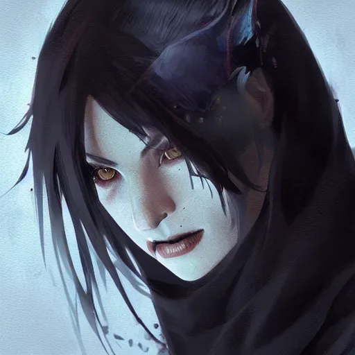 Image similar to female human vampire witch in the style of greg rutkowski, makoto shinkai, trending on artstation, character design, concept art, pretty face, highly detailed, long black hair, portrait, digital art