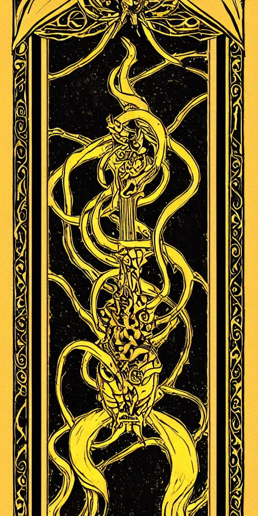 Image similar to tarot card, illithid, black background, gold border, metal