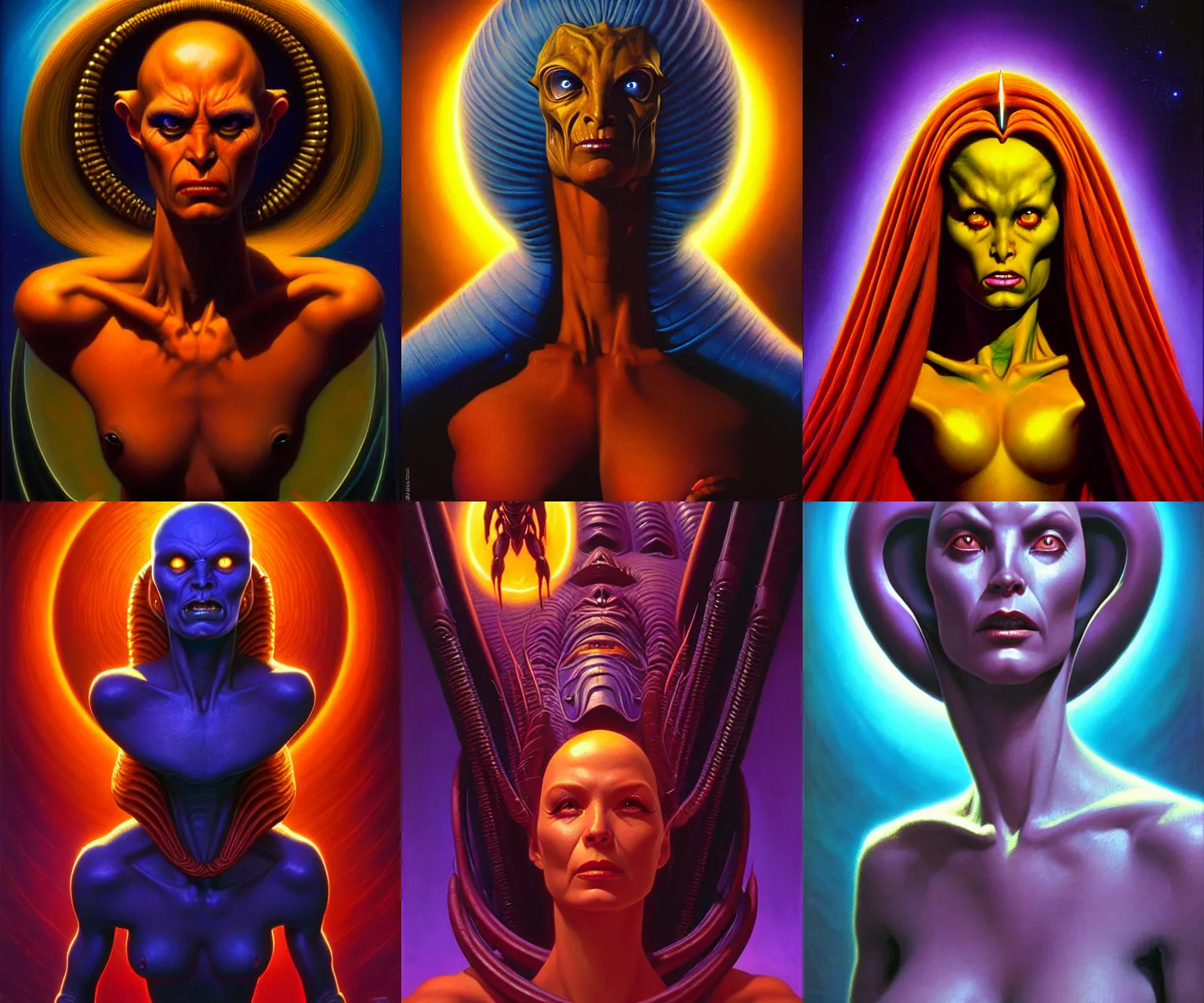 Prompt: cinematic bust portrait of malevolent female extraterrestrial queen, head and chest only, exotic alien features, Tim Hildebrandt, Wayne Barlowe, Bruce Pennington, donato giancola, boris vallejo, oil on canvas, masterpiece, trending on artstation, featured on pixiv, cinematic composition, dramatic pose, beautiful lighting, sharp, details, hyper-detailed, HD, HDR, 4K, 8K