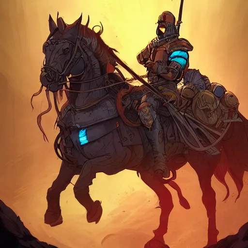 Image similar to cell shaded cartoon, a portrait of a warrior on a horse wearing ridiculously large black armor, illustration, wide shot, subtle colors, concept art by josan gonzales and wlop, laurie greasley, jordan grimmer and james jean, highly detailed, sharp focus, trending on artstation, hq, deviantart, art by artgem