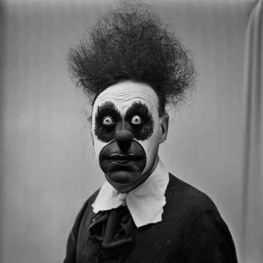 Image similar to portrait of clown by diane arbus, black and white photography