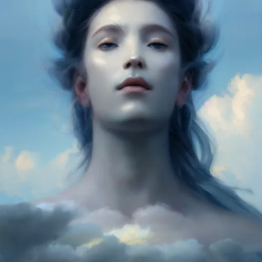 Prompt: a beautiful portrait of a cloud goddess with clouds in the background by Greg Rutkowski and Raymond Swanland, Trending on Artstation, ultra realistic digital art
