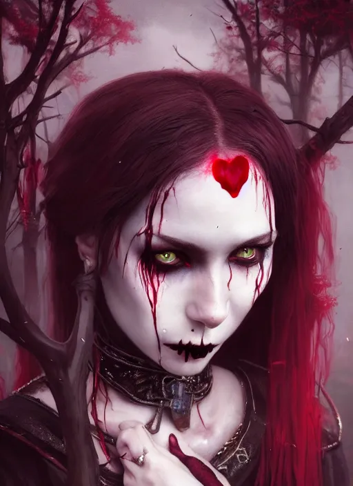 Image similar to beautiful, very very very extreme closeup portrait, bloody, vampire girl, extreme blood, vampire fangs, medieval dress. witch, makeup. unreal engine, greg rutkowski, loish, rhads, beeple, tom bagshaw, alphonse mucha, global illumination, detailed and intricate environment