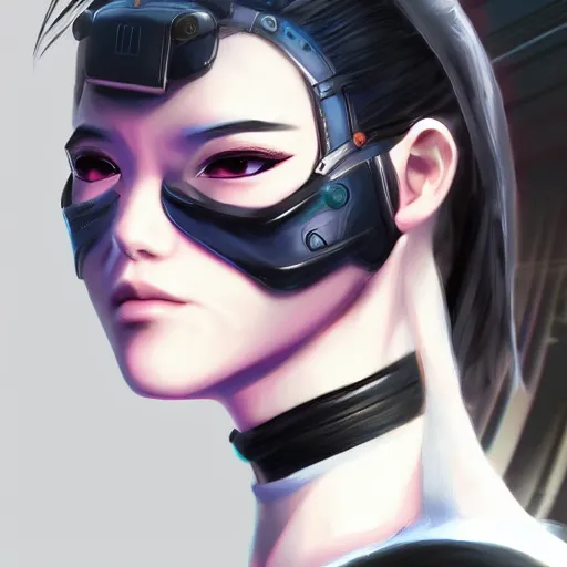 Image similar to closeup of a young cyberpunk samurai lady wearing a visor, digital painting, anime style, Artstation, by Artgerm