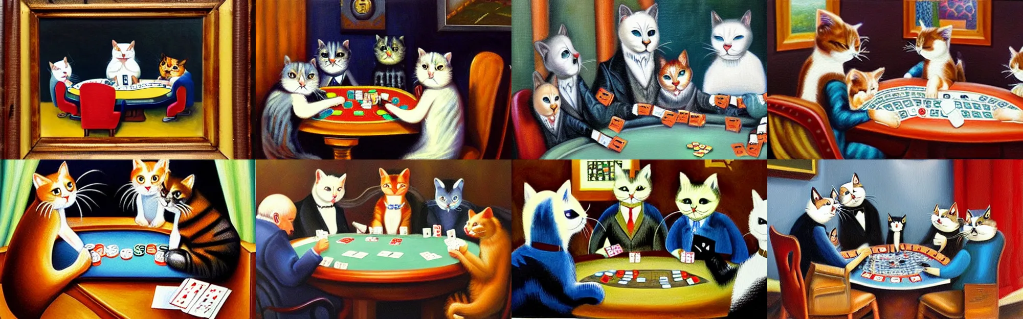 Prompt: Cats playing poker, oil painting, C. M. Coolidge, A Friend in Need.