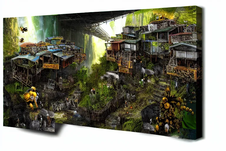 Image similar to mission waterfall favela honeybee hive, subconscious environment, industrial factory, award winning art, epic dreamlike fantasy landscape, ultra realistic,