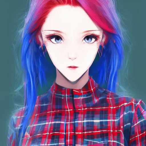 Image similar to full headshot portrait of woman with red hair and blue, digital art, drawn by WLOP, by Avetetsuya Studios, anime manga panel, trending on artstation, wearing a plaid shirt
