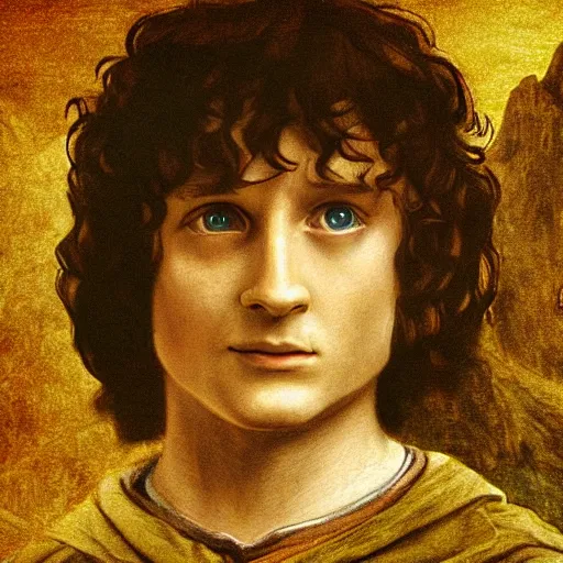 Image similar to frodo baggins in the shire In the style of leonardo da Vinci, detailed 4k photograph