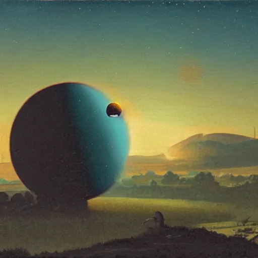 Image similar to evening landscape with two planets in the sky, ( ( ( retrofuturism ) ) ),