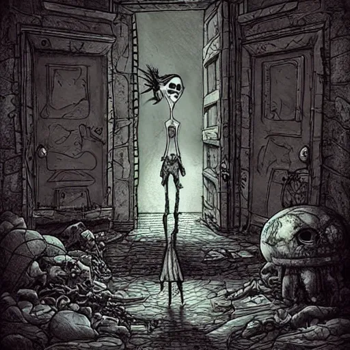 Image similar to grunge cartoon drawing of the end of the world by - michael karcz , in the style of corpse bride, loony toons style, horror themed, detailed, elegant, intricate