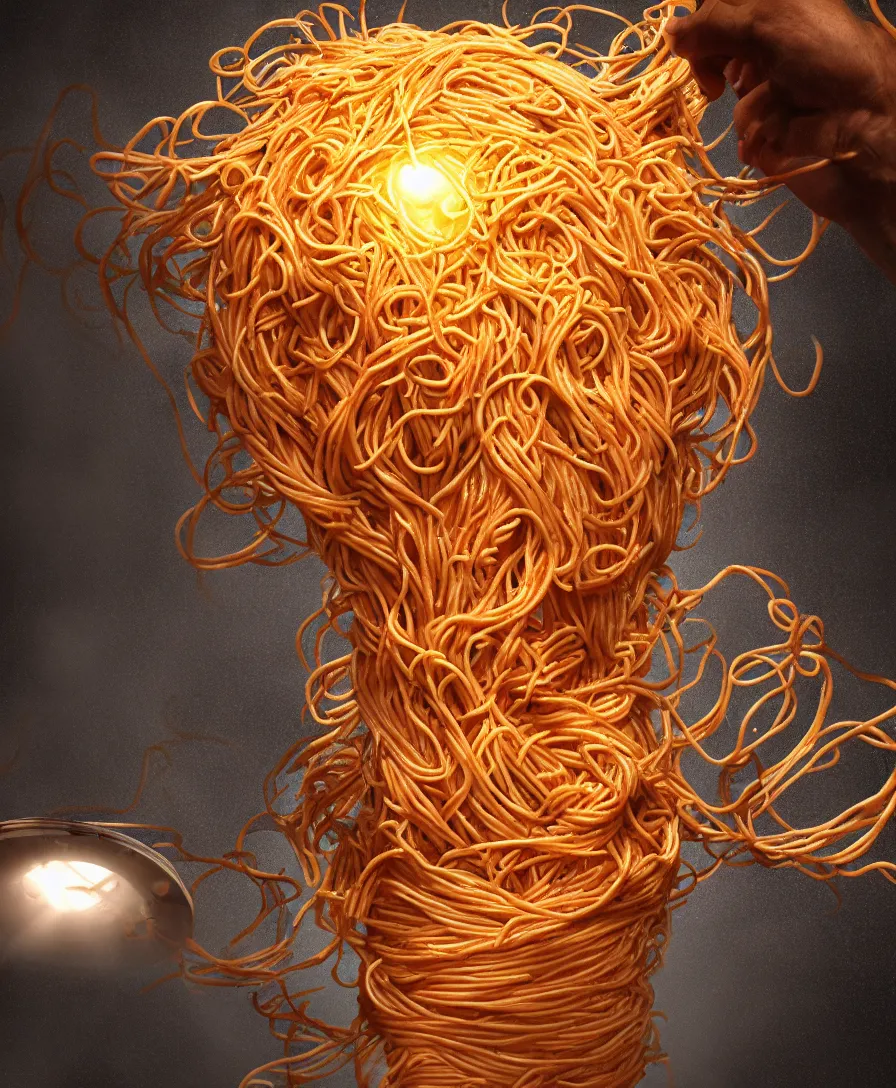 Image similar to spaghetti monster coming out of the pan, cinematic lighting, 8k, artstation