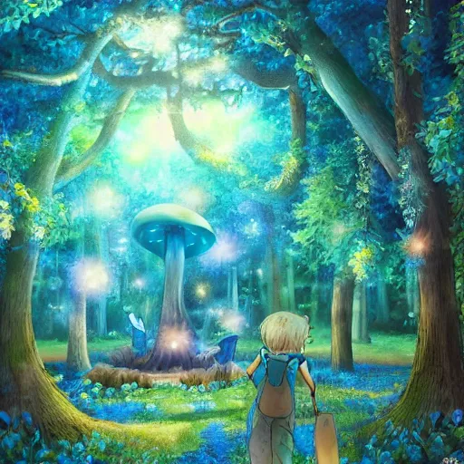Prompt: a magical enchanted forest with a blue with a fireflies at night. in the forest there's oversized mushrooms, anime art style, detailed, 4 k