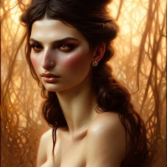 Image similar to ancient queen emily ratajkowski, diffuse lighting, fantasy, intricate, elegant, highly detailed, lifelike, photorealistic, digital painting, artstation, illustration, concept art, smooth, sharp focus, art by john collier and albert aublet and krenz cushart and artem demura and alphonse mucha