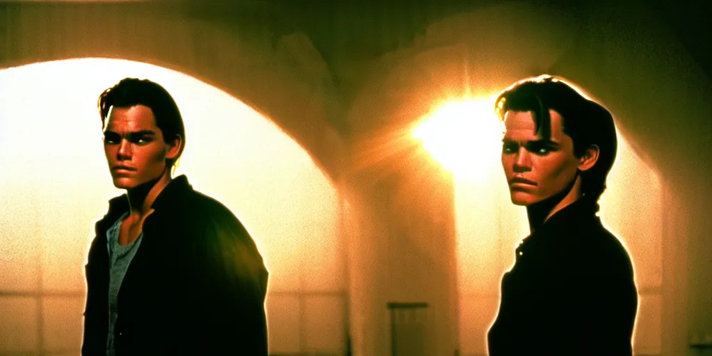 Prompt: the sunset's light beams through a window, tom holand, action pose, outside in a farm, medium close up shot, depth of field, sharp focus, waist up, movie scene, anamorphic, costume art direction style from the movie the outsiders