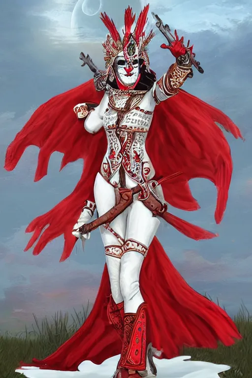 Prompt: female adventurer in tight full - body white embroidered leather armor of vyshyvanka design with red accents and a red porcelain crow mask, trending in artstation, ukrainian, artstation, big moon in the background, establishing shot