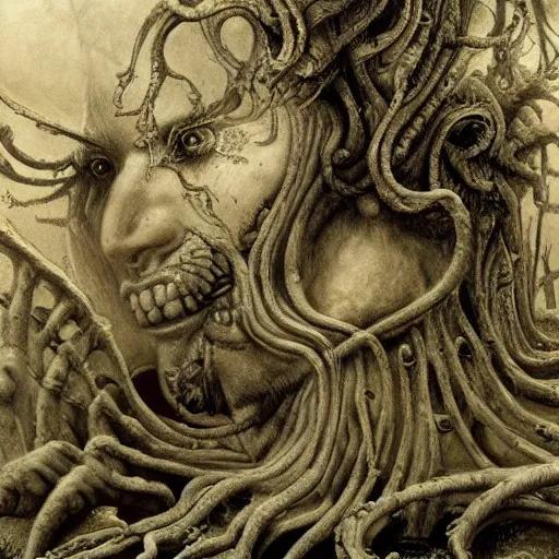 Prompt: mythological gorgon and the furies 8 k resolution photorealistic concept art by hr giger, gustav dore beksinski and guerlmo del toro.