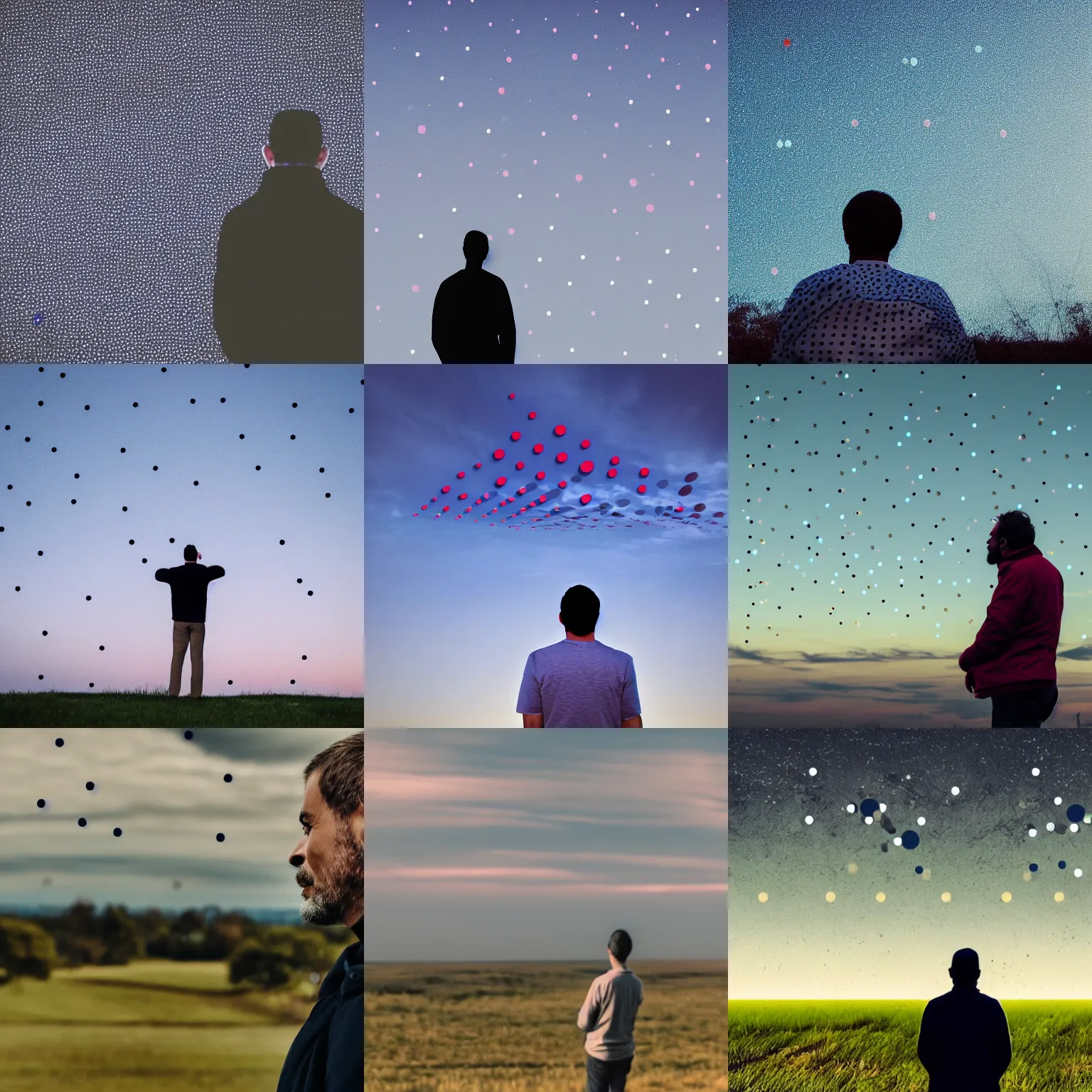 Prompt: man looking at the pattern with dots in the sky