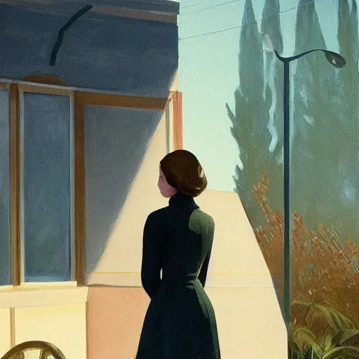 Image similar to Elle Fanning, head and shoulders masterpiece, in Dishonored, golden hour, in a garden, artstation, in the style of Art Deco and Edward Hopper and Bosch, extremely detailed