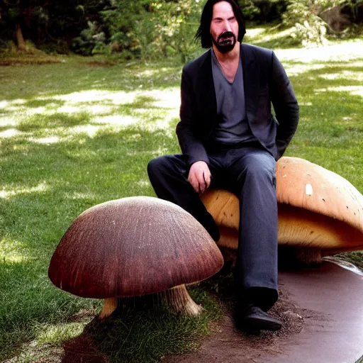 Image similar to Keanu Reeves sitting on a giant mushroom