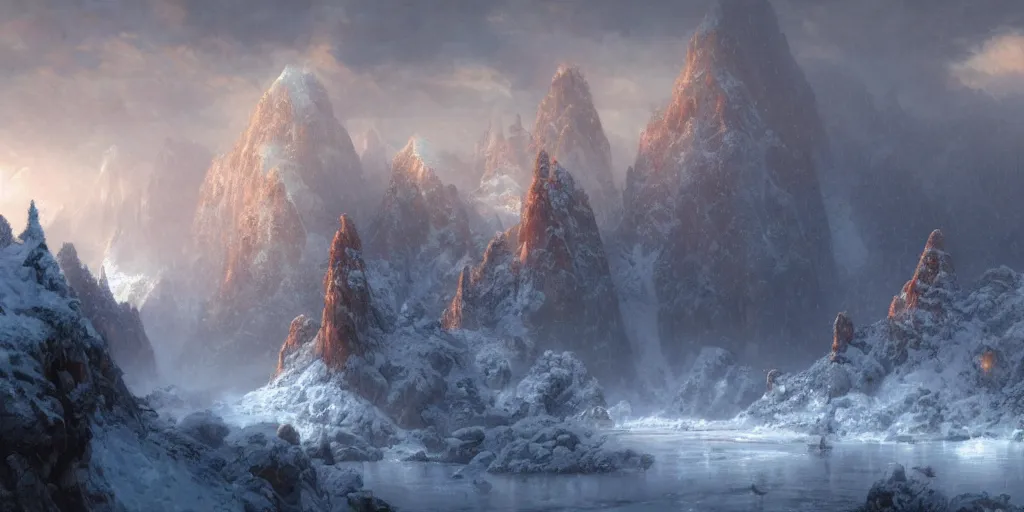 Prompt: screenshot of a craggy snowy valley with huge spires of rock and ice sticking out of it, low level mist and clouds, rim light, fps, thomas kinkade, by craig mullins, james gurney, greg rutkowski, sparth, mucha, cinematography, cinematic masterpiece