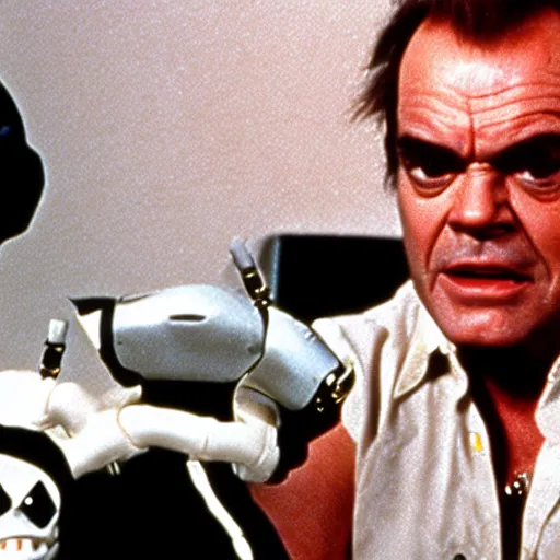 Prompt: Jack Nicholson plays Terminator, scene where his pikachu endoskeleton gets exposed