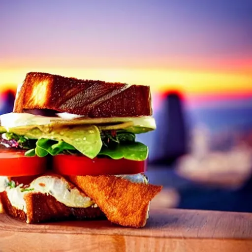 Image similar to sandwich with fried tofu, also tomato, onion, avocado and cheddar, over a dish and over a table, sunset background with saturn and stars in the sky, amazing light