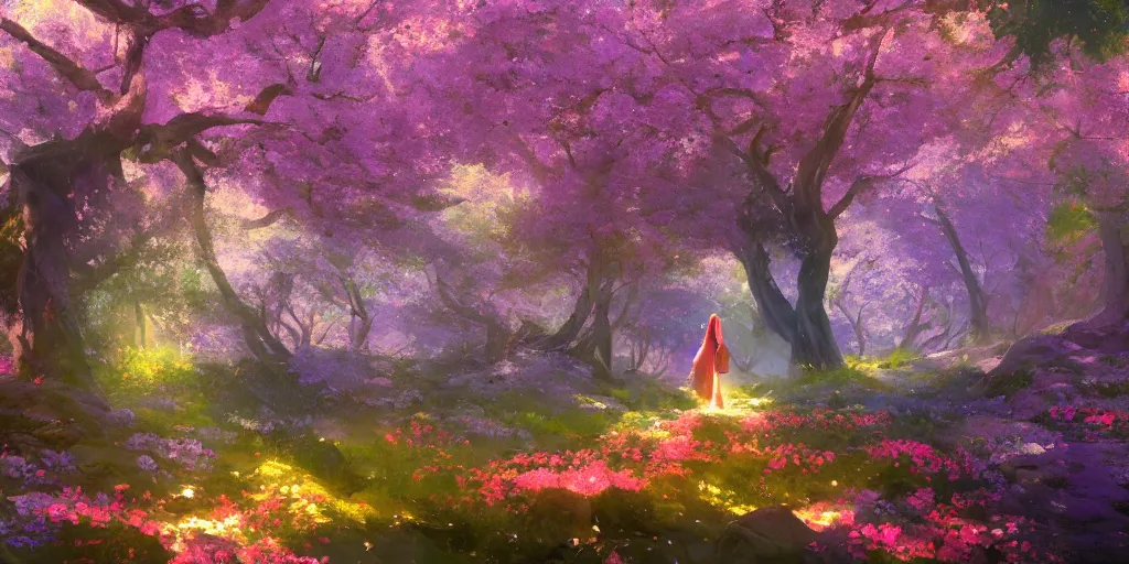 Image similar to spiritual journey through an infinite glowing colorful magical forest, sakura trees, sakura season dynamic lighting, landscape, artwork by jeremy lipkin and giuseppe dangelico pino and michael garmash and rob rey and greg manchess and huang guangjian and makoto shinkai, pixiv, 1 0 0 mm