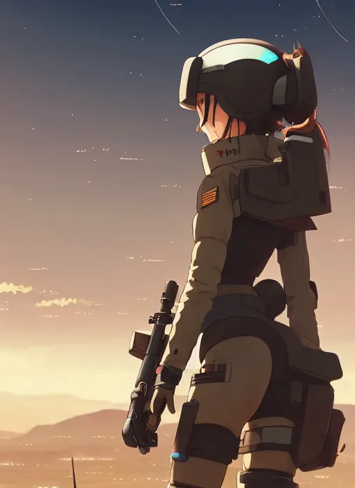 Prompt: panoramic view of cute pilot girl, black sky background, desert landscape, illustration concept art anime key visual trending pixiv fanbox by wlop and greg rutkowski and makoto shinkai and studio ghibli and kyoto animation, soldier clothing, military gear, fused mecha parts, rule of thirds