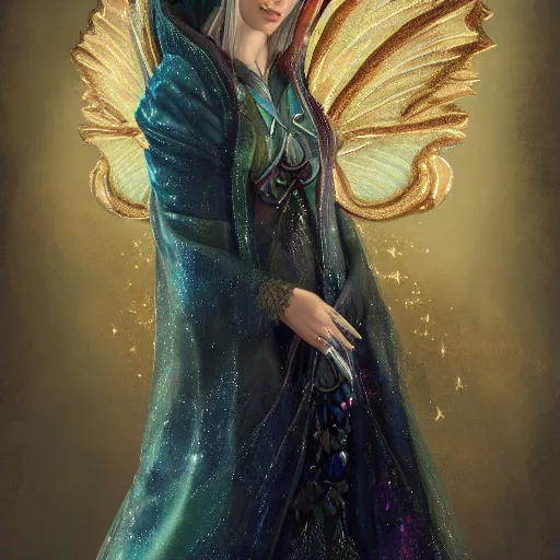 Image similar to detailed portrait of a fairy queen with wings wearing a silk and lace robe and a lace hood over her face, pixie, realism, emerald, galaxy, sapphire,blonde hair going down to the floor, moonlit, dark fantasy, dramatic lighting, cgsociety, artstation