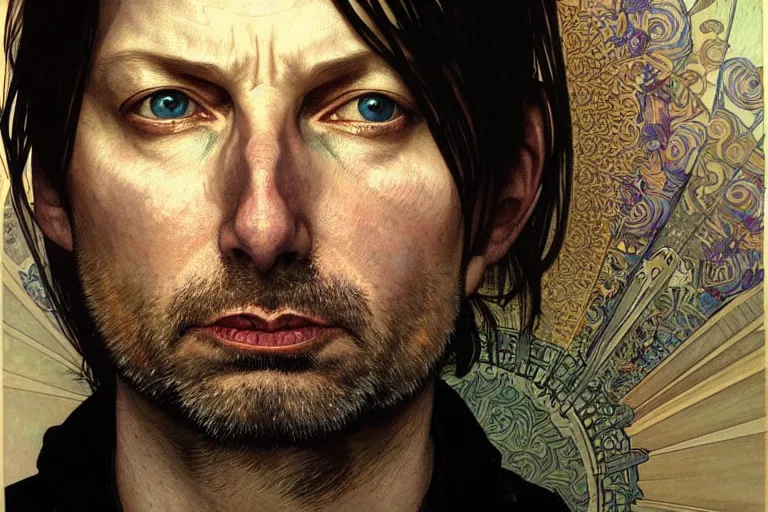 Image similar to hyper realistic portrait of radiohead singer frontman, by lee bermejo, alphonse mucha and greg rutkowski