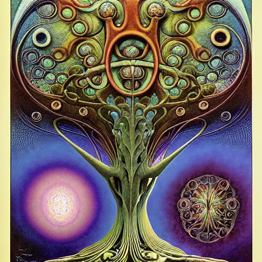 Image similar to divine chaos engine by roger dean and andrew ferez, tree of life, symbolist, visionary, art forms of nature by ernst haeckel, art nouveau, botanical fractal structures, surreality, detailed, realistic