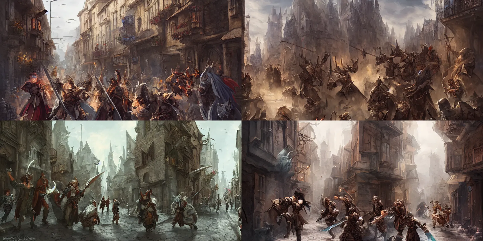 Image similar to an exciting fantasy street battle within a fascinating old city, narrow streets, old buildings, by Sebastian Luca, cinematic, simple but effective composition, clean lines, beautiful digital painting, oil painting, great character design, dungeons and dragons, lord of the rings, close up character, fantasy races