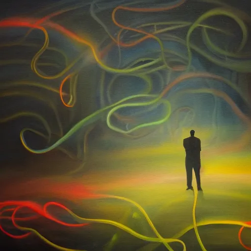 Prompt: a colorful painting of tendrils of fog swirling around a man in a dark place