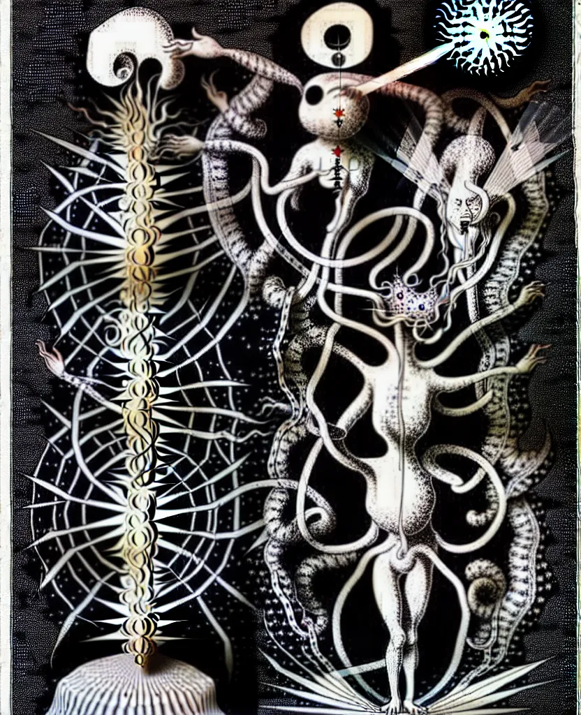 Image similar to whimsical freaky creature sings a unique canto about'as above so below'being ignited by the spirit of haeckel and robert fludd, breakthrough is iminent, glory be to the magic within