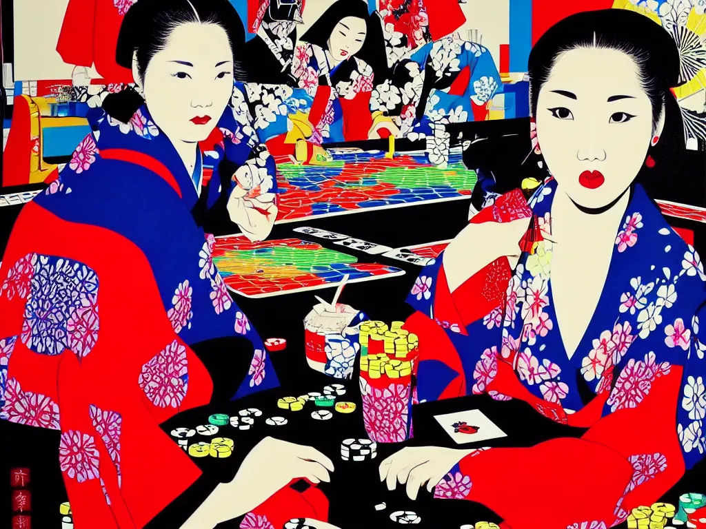 Image similar to hyperrealistic composition of the detailed woman in a japanese kimono sitting at a poker table with darth vader, fireworks, beautiful mountain in the background, pop - art style, jacky tsai style, andy warhol style, acrylic on canvas