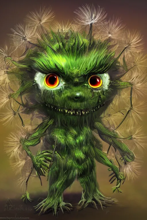 Image similar to a humanoid figure dandelion moss plant monster, large eyes and menacing smile, highly detailed, digital art, sharp focus, trending on art station, anime art style