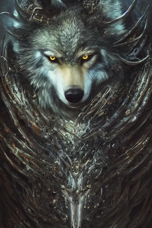 Image similar to very complex hyper-maximalist overdetailed cinematic darkfantasy portrait of a beautiful wolf by andrei riabovitchev, tomasz alen kopera, oleksandra shchaslyva. Omnious intricate, octane, Deviantart, hyper detailed illustration, 8k