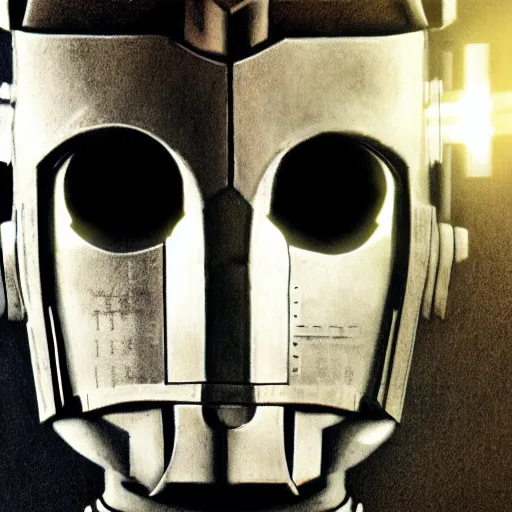 Image similar to close up realistic cyberman with half of his mask broken off showing david tennant pencil sketch cinematic lighting, render, fantasy