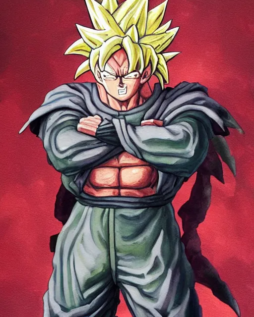 Prompt: a oil / watercolor painting full body character portrait of an old saiyan soldier powering up to protect his family in the style of moebius in the style of leonard boyarsky trending on artstation deviantart pinterest detailed photorealistic highlights and shadow hd 8 k post - processing high resolution