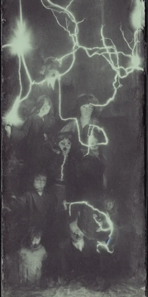 Image similar to spirit photography with glowing bulbous ectoplasm, scary shadow people, sleep paralysis demon, plasma lightning bolts, 1 9 0 0 s, slimer, mourning family, invoke fear and dread, old photograph, daguerreotype